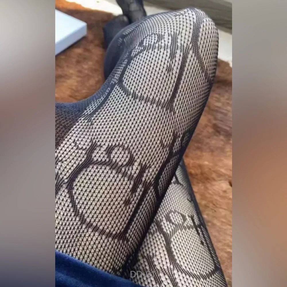 FF Monogram Logo Nylon Diamond Fishnet Pantyhose Black Tights